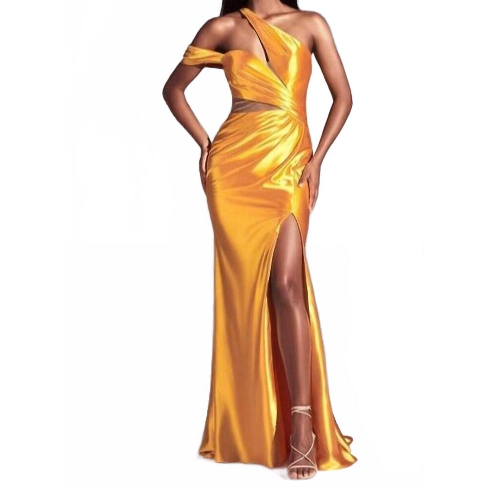 NEW CINDERELLA DIVINE asymmetrical satin slit gown in yellow